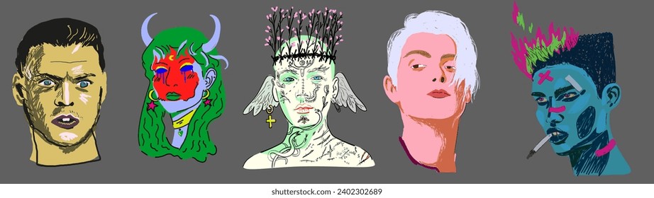 mans and womans portraits stylized grunge in vector.handmade raw dirty drawing with detail.design object for logo sticker avatar print icon