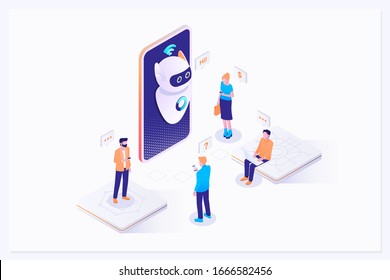 Mans and women chatting with chatbot application. AI and business IOT concept. Vector isometric illustration