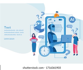 Mans and women chatting with chatbot application, artificial intelligence. Vector illustration for web banner, infographics, mobile. Chat bot and future marketing. Dialog help service. 