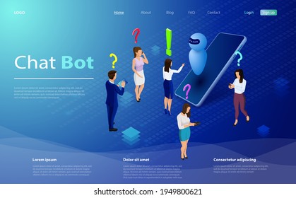 Mans and women chatting with chatbot application. Isometric artificial intelligence. AI and business IOT concept. Mans and women chatting with chatbot application.