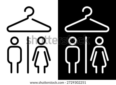 Mans and womens changing room icon. Contour outline pictogram black and white vector symbol representing wardrobe, cloakroom facilities, locker rooms.