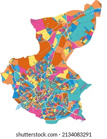 Mansfield, East Midlands, England colorful high resolution vector art map with city boundaries. White outlines for main roads. Many details. Blue shapes for water. 