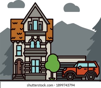 mansión en el bosque, ilustración plana, vector