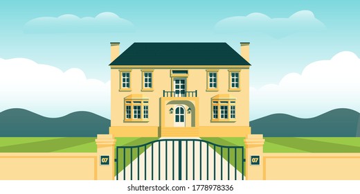 Mansion House Rich Luxury With Backyard Mountain View Cartoon Background Illustration 