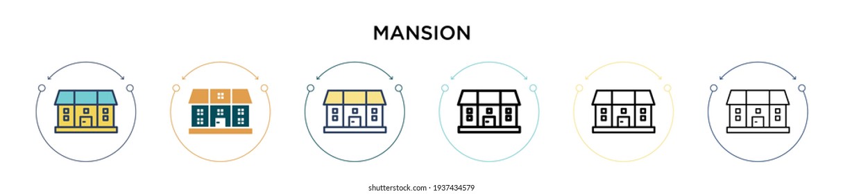 Mansion icon in filled, thin line, outline and stroke style. Vector illustration of two colored and black mansion vector icons designs can be used for mobile, ui, web