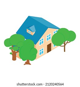 Mansion icon isometric vector. Large two storey building and deciduous tree icon. New modern residential house, townhouse