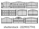 Mansion iron gates. Victorian steel fence, park or mansion metal retro entrance. Iron lattice, victorian manor forged gates with floral decor vector silhouettes collection