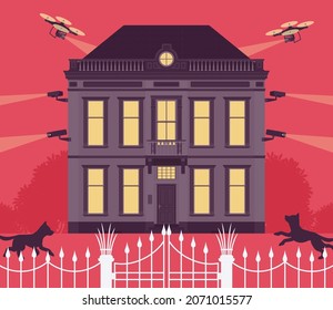 Mansion, large rich impressive house equipped with cameras, drones, dogs. Privacy, excessive protection, shielding, secret closed life, safety, confidentiality. Vector flat style cartoon illustration