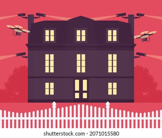 Mansion, large rich impressive house equipped with cameras, drones. Privacy, excessive protection or shielding, secret closed life, safety and confidentiality. Vector flat style cartoon illustration