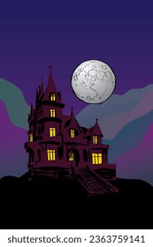 A mansion in a mountain landscape during the night with full moon. Handdrawn vector picture.