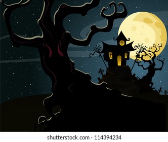 Mansion At Night and a Spooky Tree