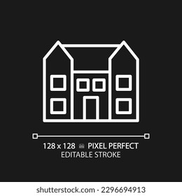 Mansion pixel perfect white linear icon for dark theme. Large dwelling house. Luxury real estate. Purchase property. Residence. Thin line illustration. Isolated symbol for night mode. Editable stroke