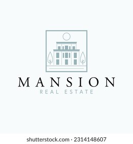 Mansion real estate vector logo design. Modern house and trees abstract logotype. Real estate company logo template.