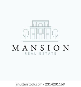 Mansion real estate vector logo design. Modern house and trees abstract logotype. Real estate company logo template.