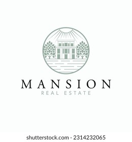 Mansion real estate vector logo design. Modern house and trees abstract logotype. Real estate company logo template.