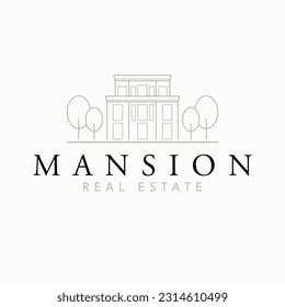 Mansion real estate vector logo design. Modern house and trees abstract logotype. Real estate company logo template.