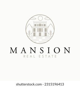 Mansion real estate vector logo design. Modern house and trees abstract logotype. Real estate company logo template.