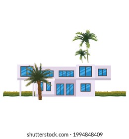 Mansion Residential Home Building, tropic trees, palms. House exterior facades front view architecture family modern contemporary cottage house or apartments, villa. Suburban property