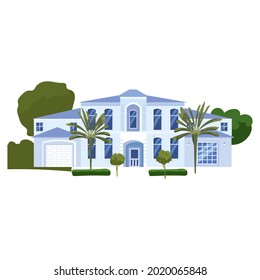 Mansion Residential Home Building, tropic trees, palms. House exterior facades front view architecture family modern contemporary cottage house or apartments, villa. Suburban property