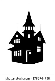 Mansion with tower - black vector silhouette. Big house Halloween illustration - silhouette. A haunted house is an element for a festive decor.