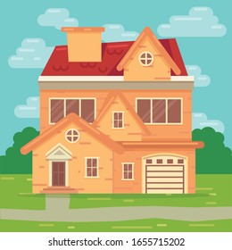 Mansion vector illustration. House exterior front view in trendy flat style. Townhouse building. Home faсade with door and windows.