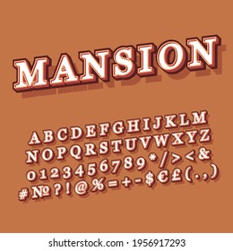 Mansion Vintage 3D Vektor-Alphabet Set. Retro fette Schriftart, Schriftart. Pop Art stilisierte Schrift. Briefe, Zahlen, Symbole im Stil der alten Schule. Designvorlage für 90er, 80er-Jahre