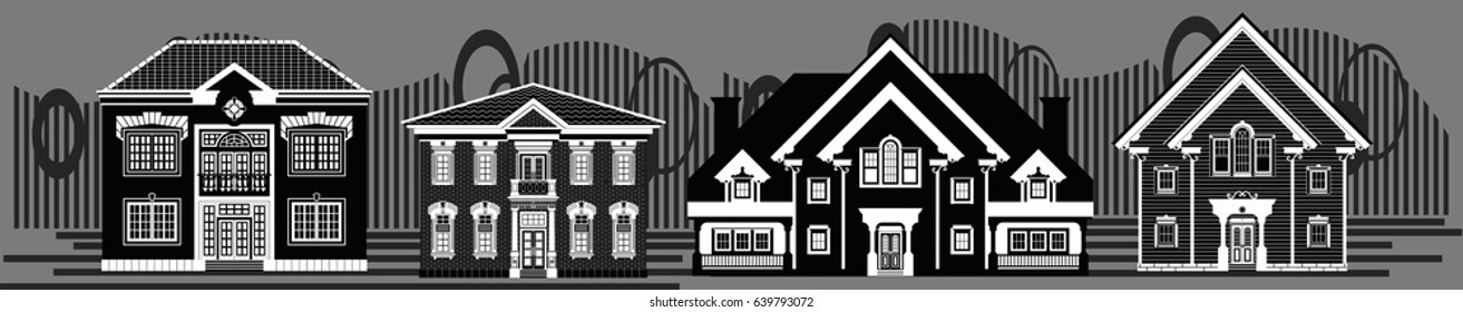 Mansions of different design on abstract grey background