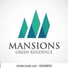 Mansions green ribbon building abstract vector logo design template real estate business icon property company or corporate identity symbol concept