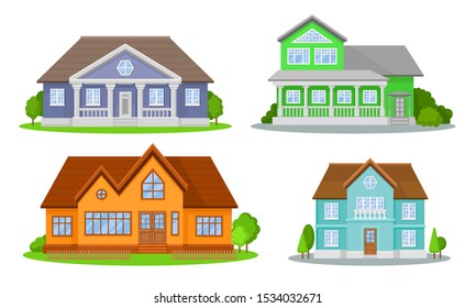 Mansions Set. Contemporary Colourful Buildings Vector Illustrated Concepts