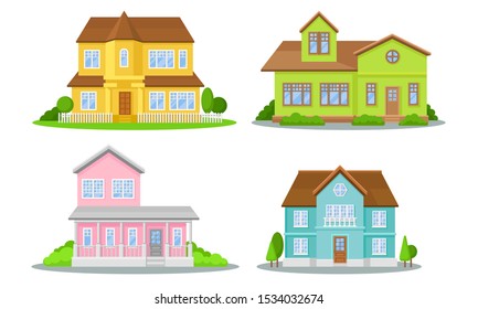 Mansions Set. Contemporary Colourful Buildings Vector Illustrated Concepts