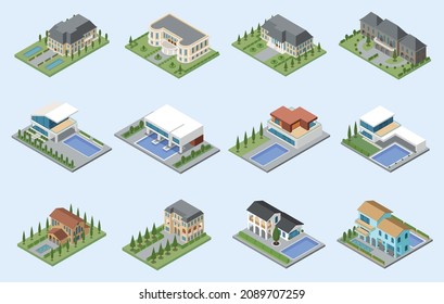 Mansions and villa isometric set of modern houses for living and rest with pools and park zone vector illustration