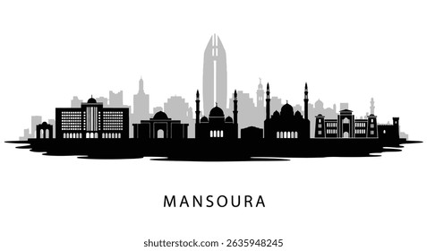 Mansoura with Egypt Skyline Silhouette Black and White.