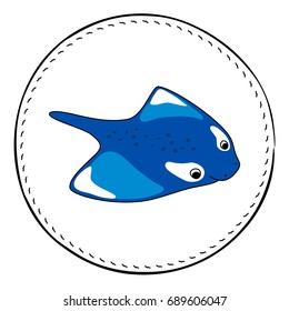 Manta isolated on white background. Blue manta or skate cartoon vector illustration. Underwater animal handdrawn patch. Sea animal drawing. Manta animal clipart. Marine fauna character. Manta ray icon