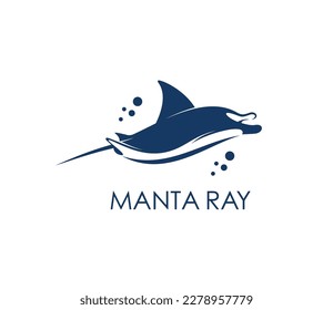 Manta ray animal icon, stingray or sting ray fish on wave, vector silhouette. Manta ray symbol for marine brand, yacht sport club emblem or sea and ocean holiday resort sign with stingray on wave