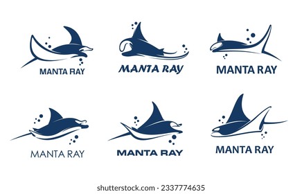 Manta ray animal icons, stingray or sting ray fish on water wave with bubbles, vector emblems for company. Manta ray symbols for marine brand, yacht sport club or sea and ocean holiday resort sign