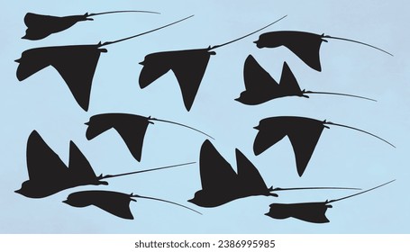 Manta ray, eagle rays fish silhouette, Vector animals of sea and ocean water swim with waving fins and tails, Diving skate, stingray or eagle ray fish silhouette, underwater wildlife