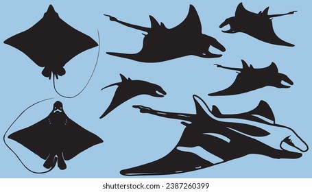 Manta ray, eagle rays fish silhouette, Vector animals of sea and ocean water swim with waving fins and tails, Diving skate, stingray or eagle ray fish silhouette, underwater wildlife