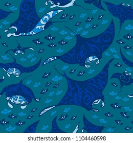 Manta ray and fish in the sea depth, seamless vector pattern