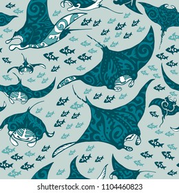 Manta ray and fish in the sea depth, seamless vector pattern