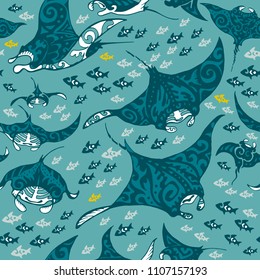 Manta ray and fish in the sea depth, seamless vector pattern