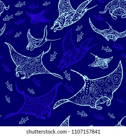 Manta ray and fish in the sea depth, seamless vector pattern