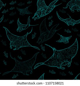 Manta ray and fish in the sea depth, seamless vector pattern