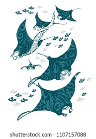 Manta ray and fish in the sea , vector illustration