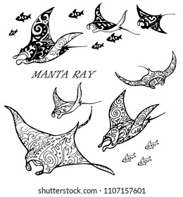 Manta ray and fish in the sea , vector illustration