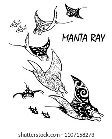 Manta ray and fish in the sea , vector illustration