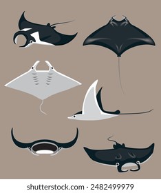 Manta Ray Fish Various Poses Cartoon Character