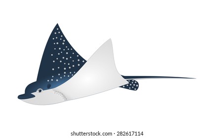 Manta Ray Fish Vector Dark Blue Spotted Sea Animal Cartoon Character With Long Sting Tail Ocean Animal, Cramp Fish Sea Life Stingray Fish Great For Illustration, T Shirt Stamp, Animal, Wildlife Design