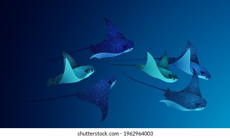 Manta ray fishes, marine animals, sea creatures set vector illustration. Blue turquoise eagle ray fishes, manta ray scuba vector. Eagle or devil fish group, underwater stingray giant ocean animals.