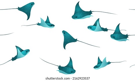 Manta ray fishes, marine animals, sea creatures set vector seamless pattern. Teal eagle ray fishes, manta ray scuba vector. Eagle or devil fish group, underwater stingray giant ocean animals.