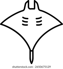 Manta Ray Icon, Black Outline on White Background